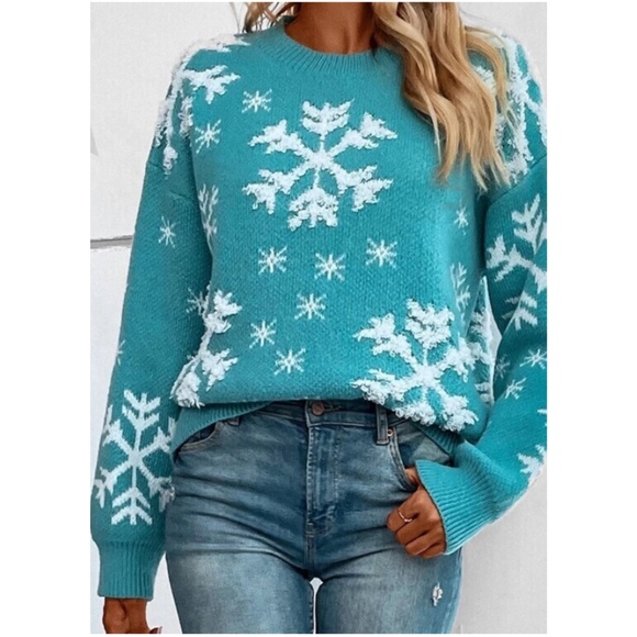 Cozy Mint Blue Christmas Holiday Festive Oversized Sweater Top - Picture 1 of 8
